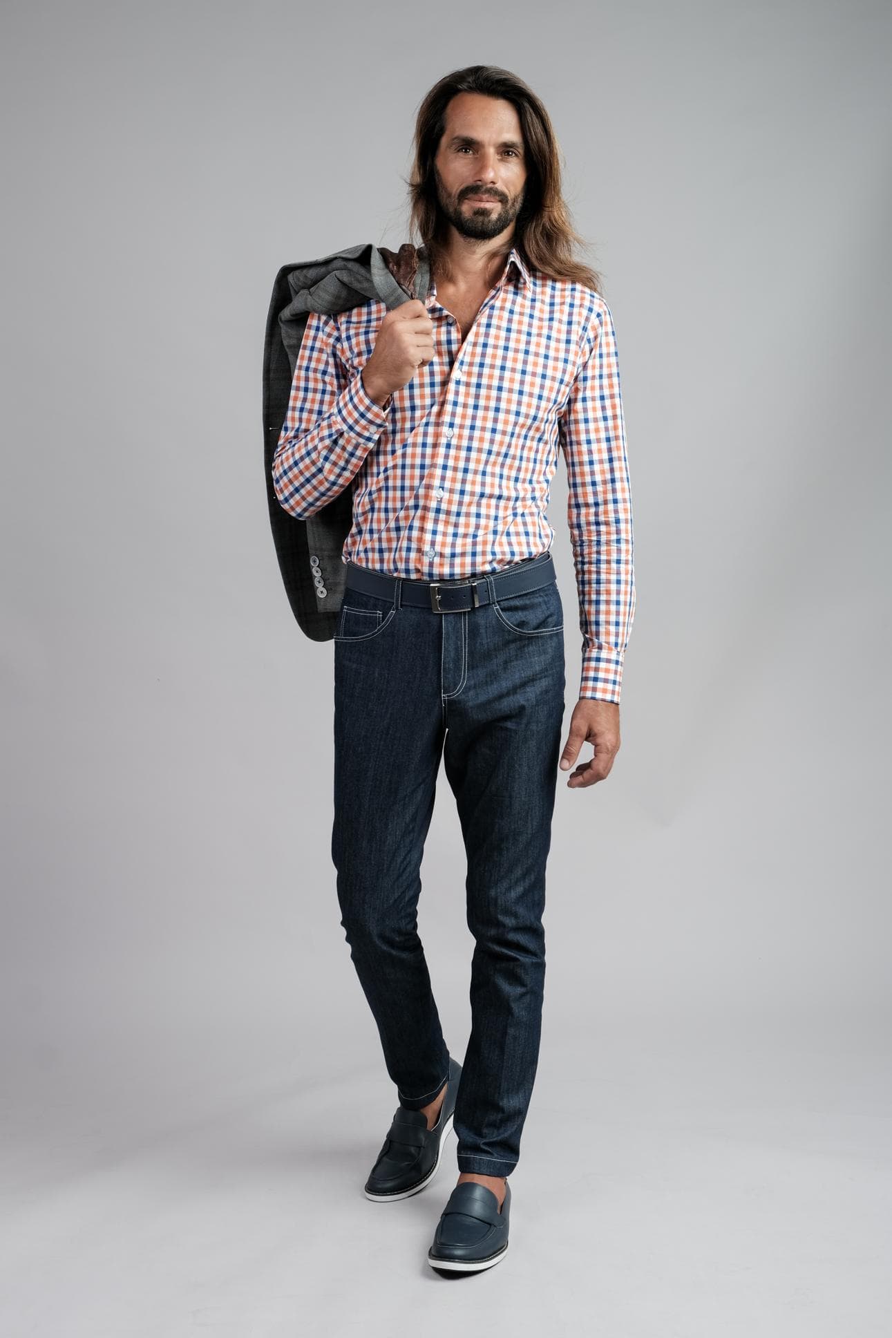 ORANGE AND BLUE CHECK COTTON SHIRT