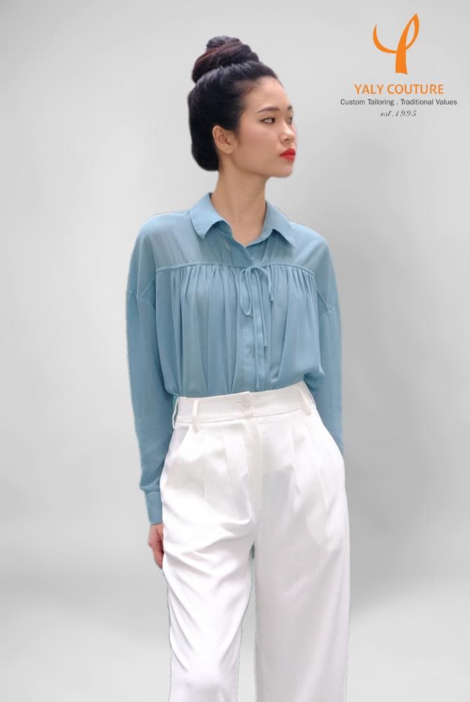 ÁO SƠ MI XANH ĐỨT NHÍU TRƯỚC